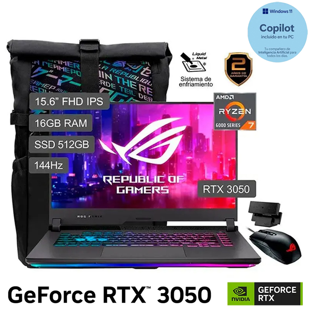 Laptop Gamer Asus ROG Strix G15 de 15.6", modelo  G513RC-HN097W, AMD Ryzen 7 6800H, NVIDIA GeForce RTX 3050, 16GB RAM, disco sólido de 512GB