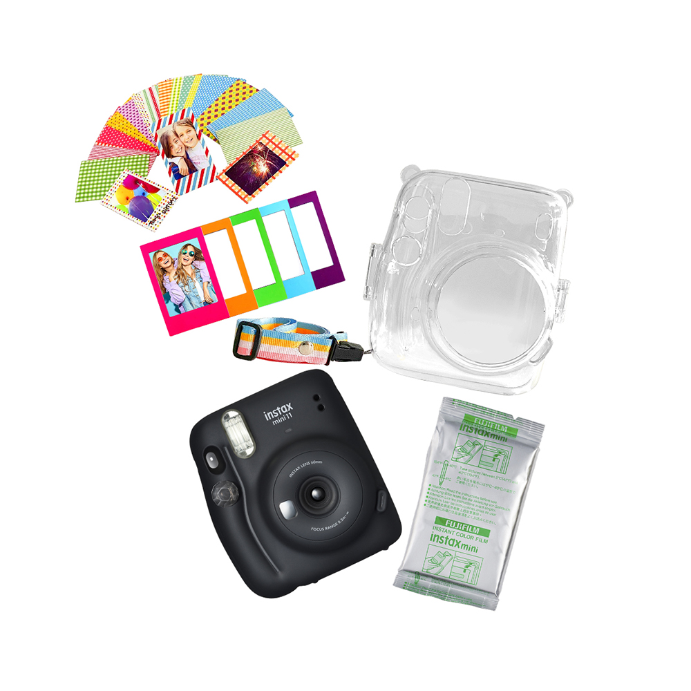 Cámara Instax Fujifilm Mini11 Gris Carbón + Pack 10 + Sticker + Porta Sobre + Estuche