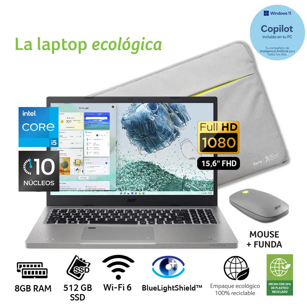Laptop Acer Aspire Vero de 15.6", modelo AV15-52-589W, Intel Core i5-1235U (12va Gen), 10 núcleos, 8GB RAM, disco sólido de 512GB