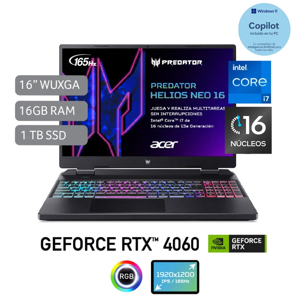 Laptop Gamer Acer Predator de 16", modelo PHN16-71-77VH, Intel Core i7-13700HX (13va Gen), 16 núcleos, NVIDIA GeForce RTX 4060, 16GB RAM, disco sólido de 1TB