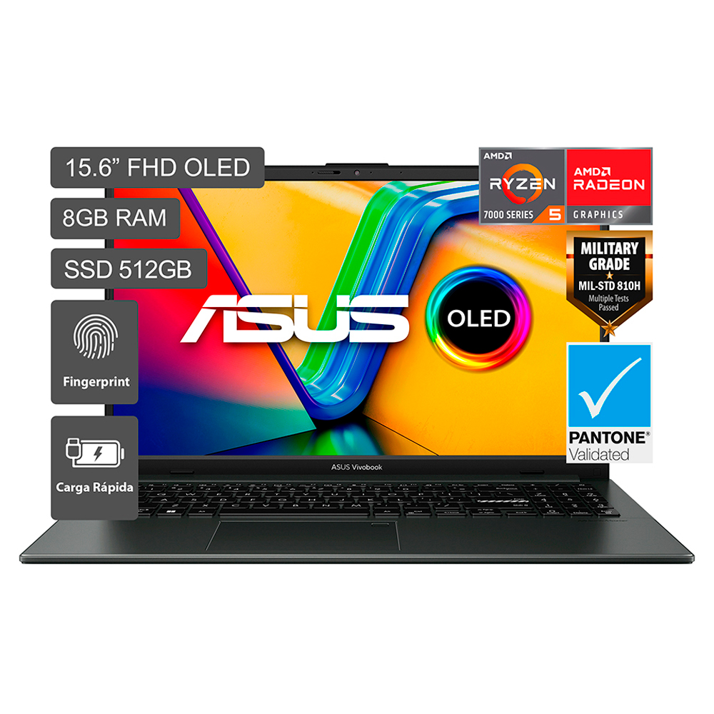 Laptop Asus Vivobook Go 15 OLED de 15.6", modelo E1504FA-L1112W, AMD Ryzen 5 7520U, 8GB RAM, disco sólido de 512GB