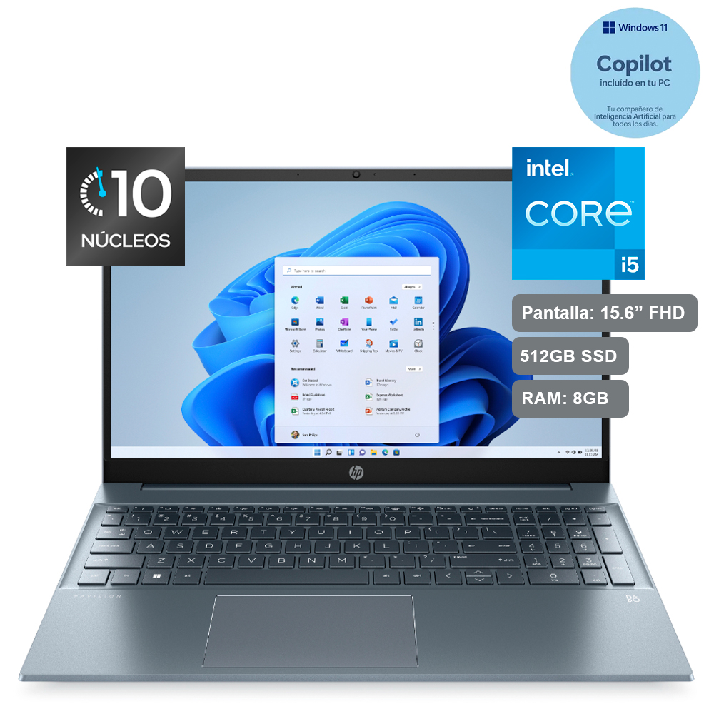 Laptop HP Pavilion de 15.6", modelo 15-EG2502LA, Intel Core i5-1235U (12va Gen), 10 núcleos, 8GB RAM, disco sólido de 512GB