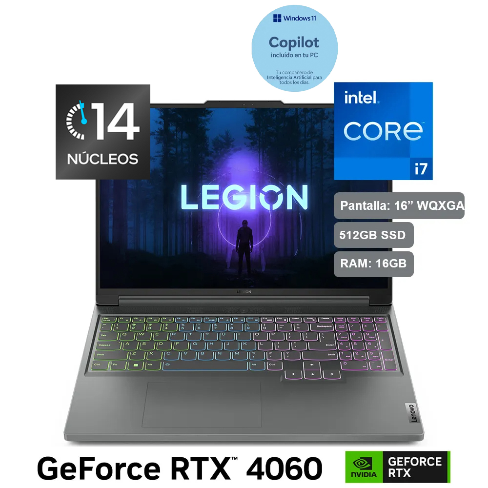 Laptop Gamer Lenovo Legion Slim 5i de 16", modelo 82YA005LLM, Intel Core i7-13700H (13va Gen), 14 núcleos, NVIDIA GeForce RTX 4060, 16GB RAM, disco sólido de 512GB