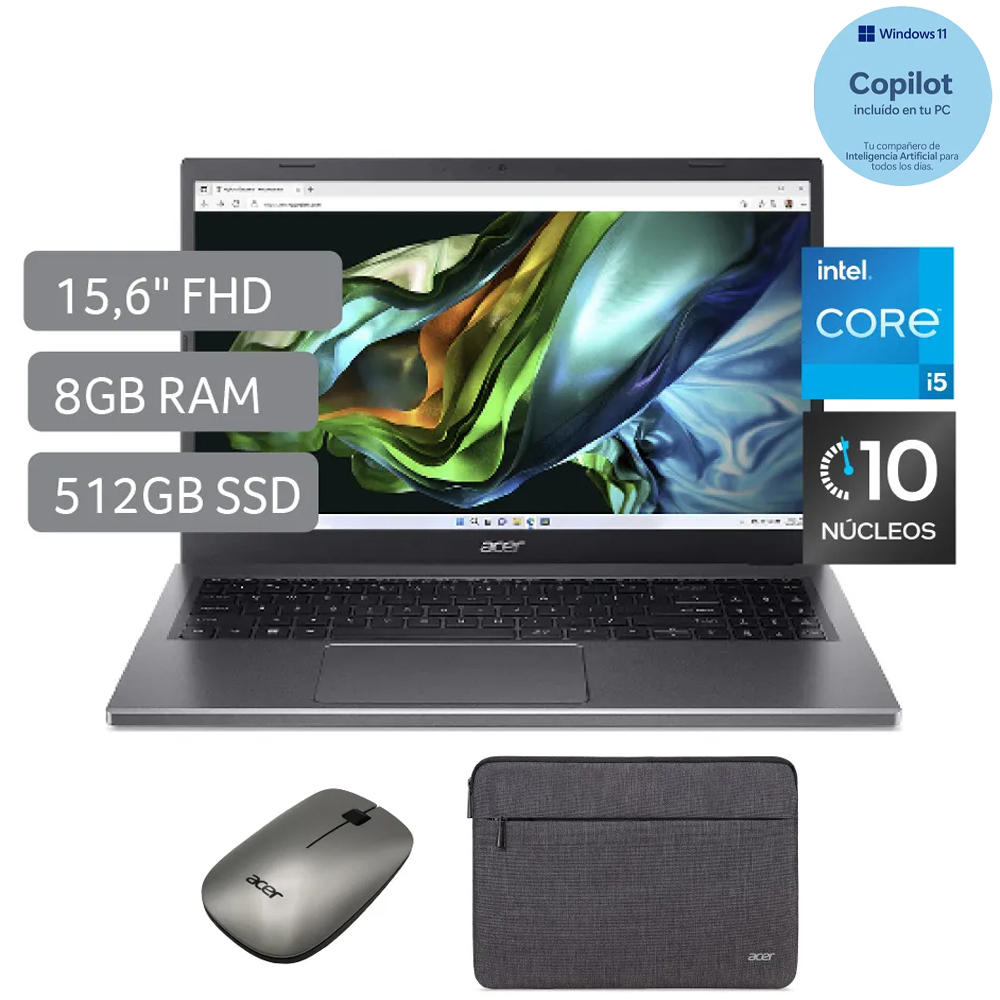 Laptop Acer Aspire 5 de 15.6", modelo A515-58P-503Z, Intel Core i5-1335U (13va Gen), 10 núcleos, 8GB RAM, disco sólido de 512GB
