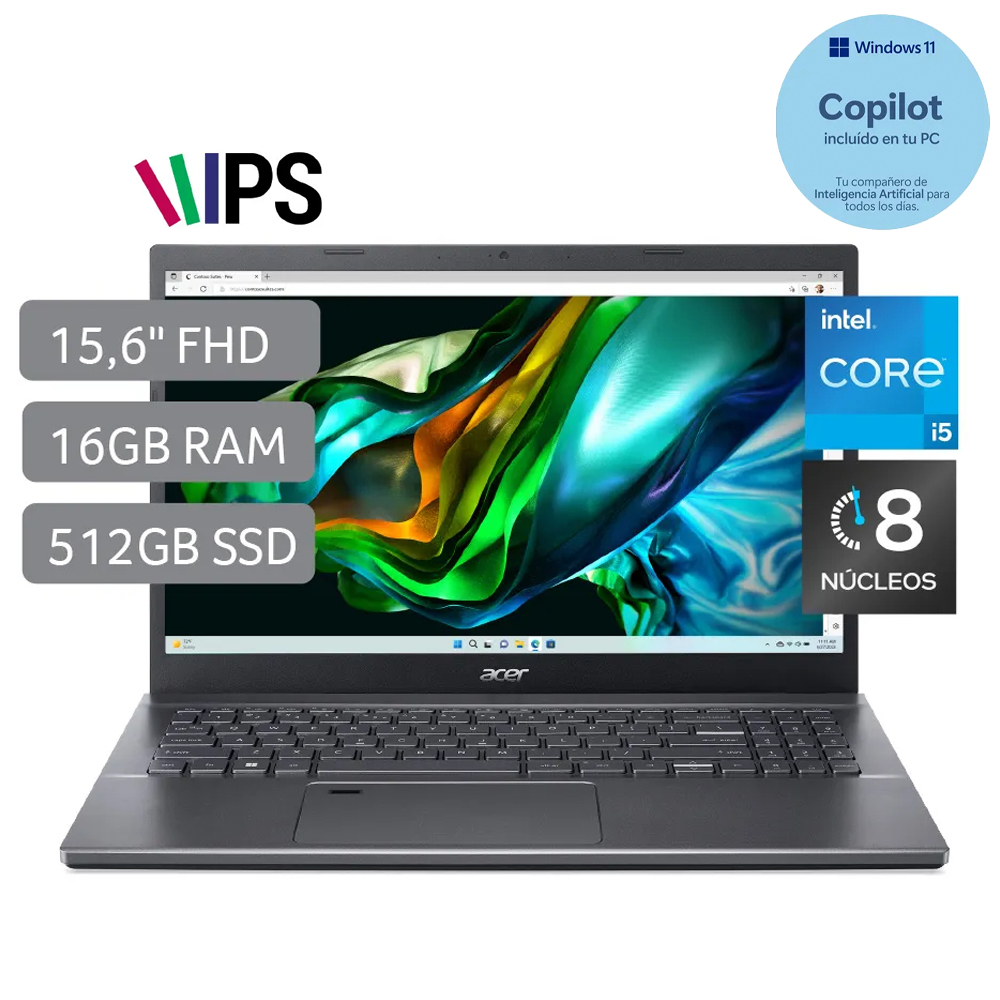 Laptop Acer Aspire 5 de 15.6", modelo A515-57-56YW, Intel Core i5-12450H (12va Gen), 8 núcleos, 16GB RAM, disco sólido de 512GB