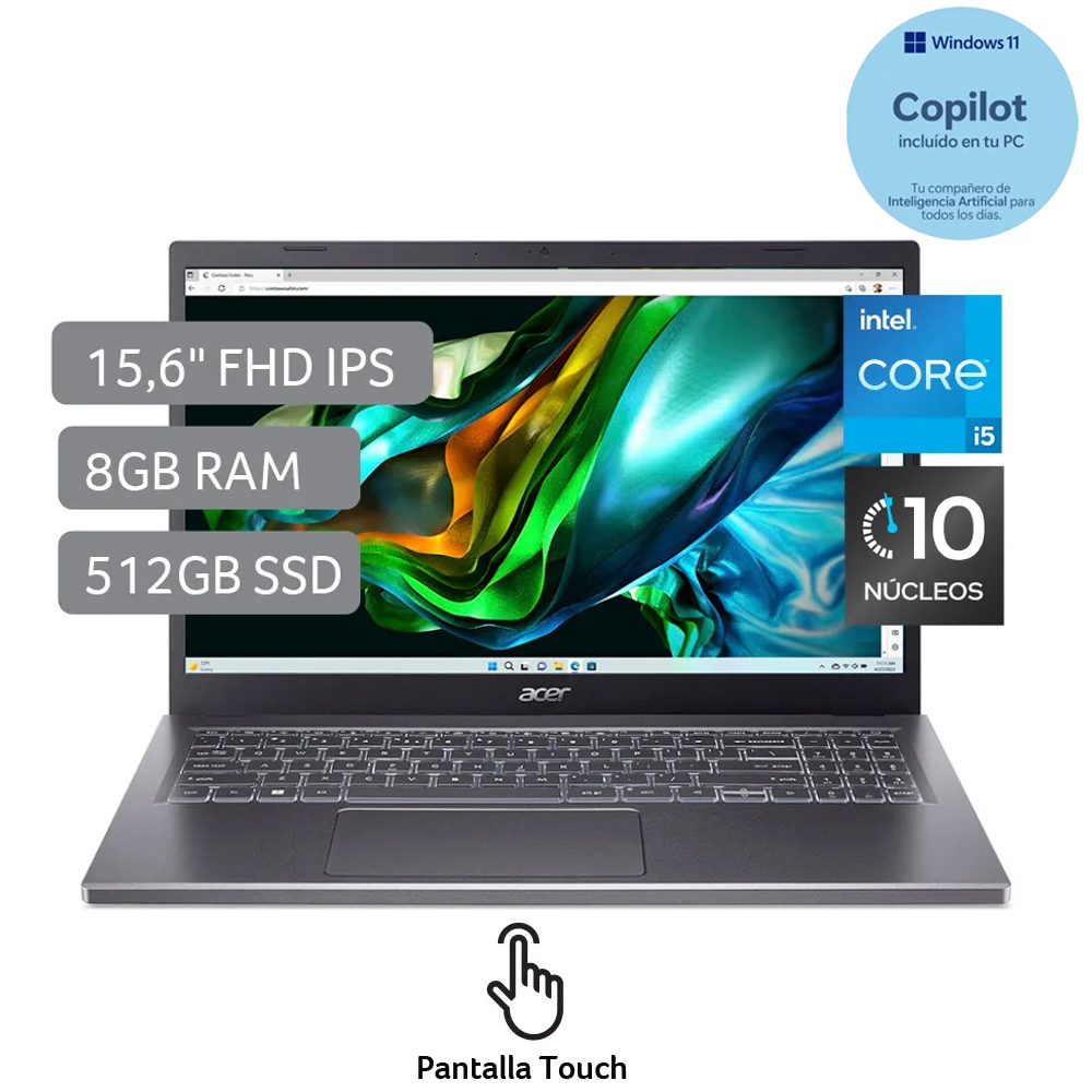 Laptop Acer Aspire 5 de 15.6", modelo A515-58MT-57LW, Intel Core i5-1335U (13va Gen), 10 núcleos, 8GB RAM, disco sólido de 512GB