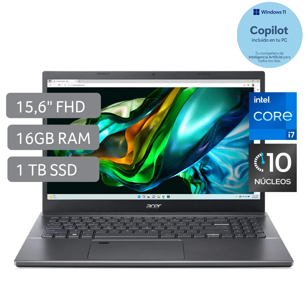 Laptop Acer de 15.6", modelo A515-57-72PZ, Intel Core i7-1255U (12va Gen), 10 núcleos, 16GB RAM, disco sólido de 1TB