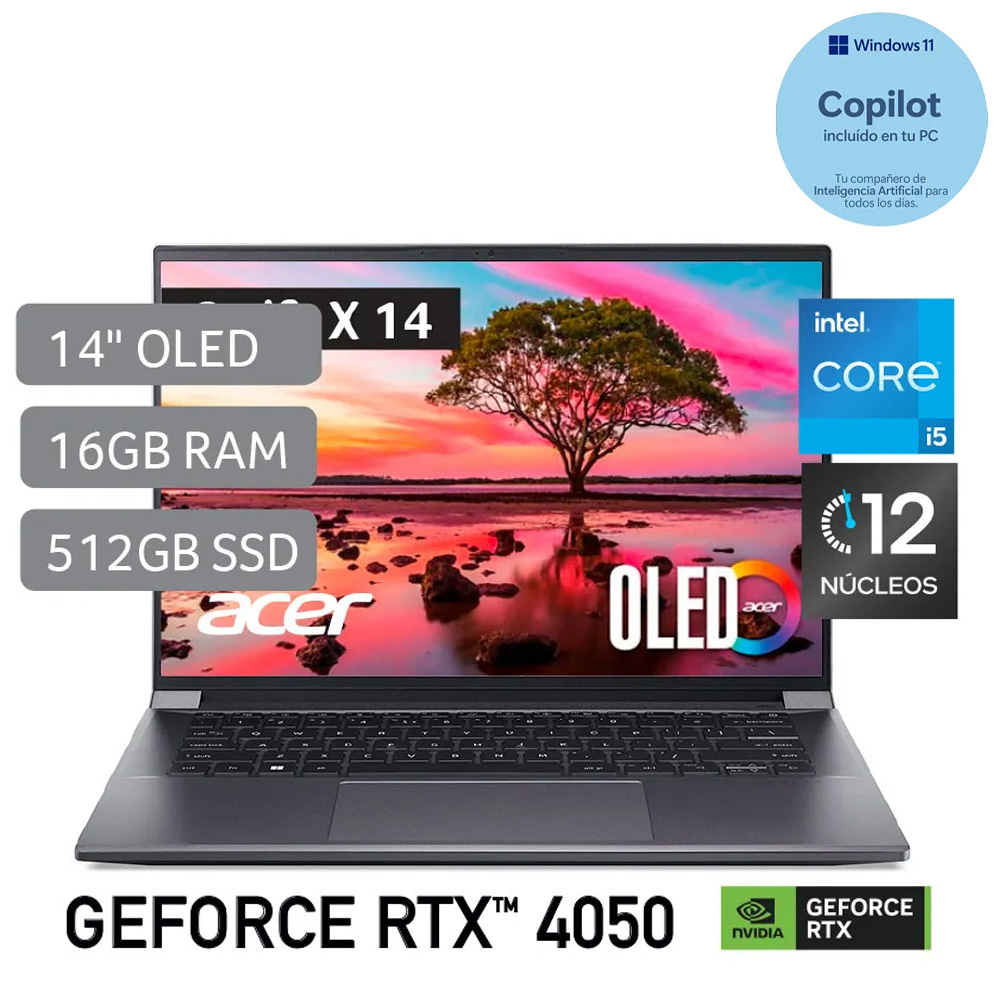 Laptop Acer Swift X 14 de 14.5", modelo SFX14-71G-541B, Intel Core i5-13500H (13va Gen), 12 núcleos, NVIDIA GeForce RTX 4050, 16GB RAM, disco sólido de 512GB