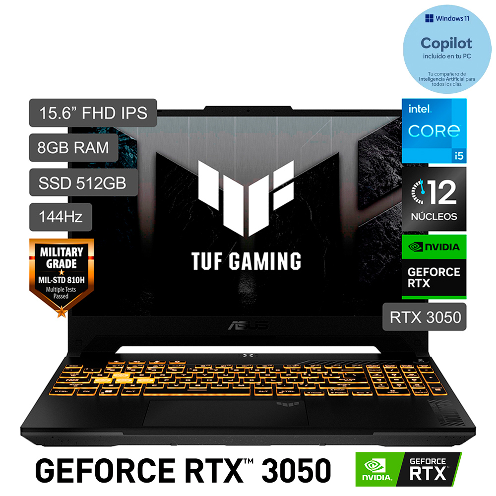 Laptop Gamer Asus TUF F15 de 15.6", modelo FX507ZC4-HN005W, Intel Core i5-12500H (12va Gen), 12 núcleos, NVIDIA GeForce RTX 3050, 8GB RAM, disco sólido de 512GB