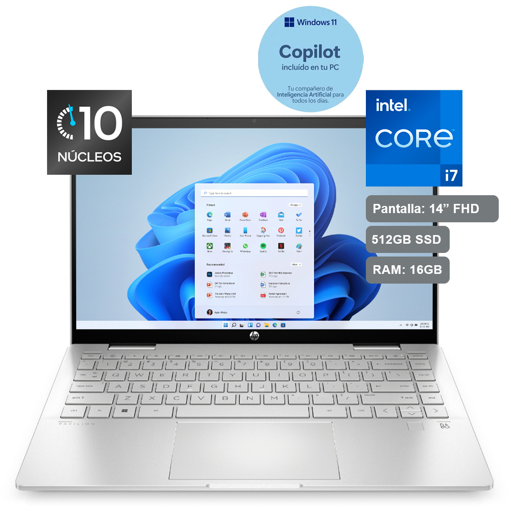 Laptop HP Pavilion x360 de 14", modelo 14-EK1000LA, Intel Core i7-1355U (13va Gen), 10 núcleos, 16GB RAM, disco sólido de 512 GB