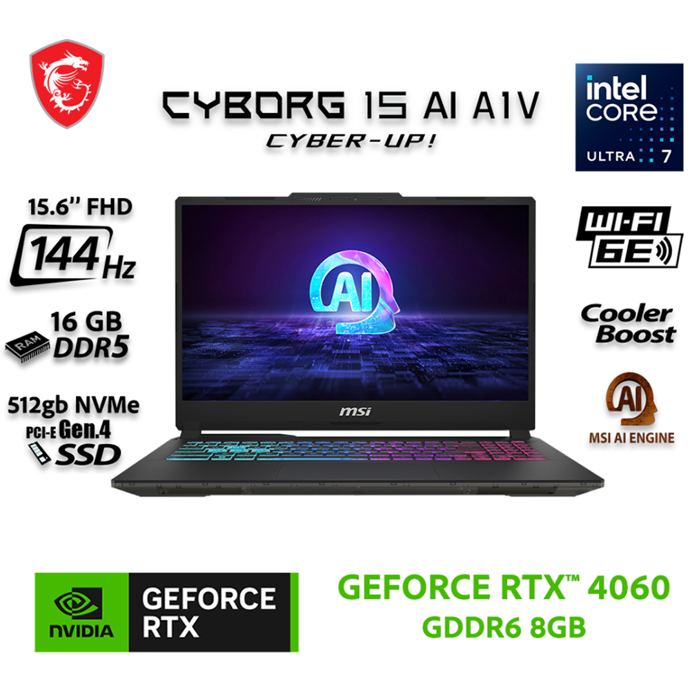 Laptop Gamer MSI Cyborg 15 Ai A1Vfk de 15.6", Intel Core Ultra 7 155H, 16 núcleos, NVIDIA GeForce RTX 4060, 16GB RAM, 512GB de disco sólido