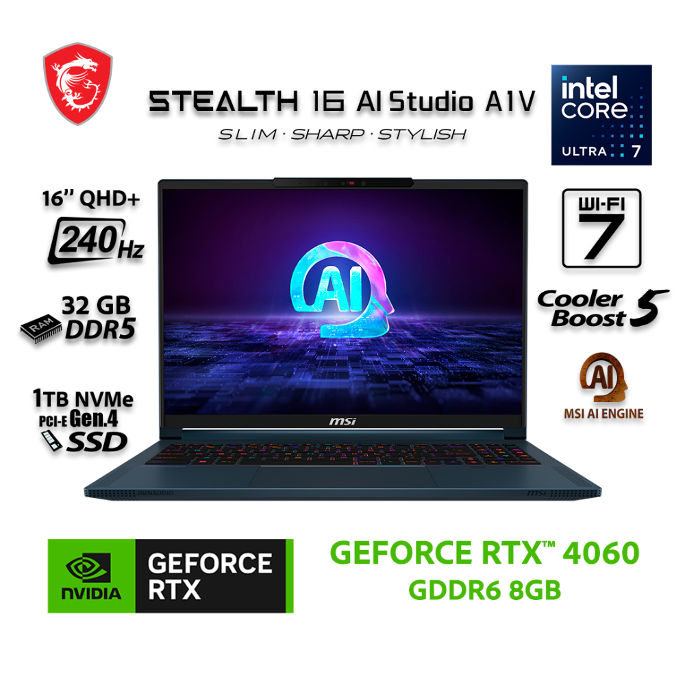Laptop Gamer MSI Stealth 16 Ai Studio A1Vfg de 16", Intel Core Ultra 7 155H, 16 núcleos, NVIDIA GeForce RTX4060, 32GB RAM, disco sólido de 1TB