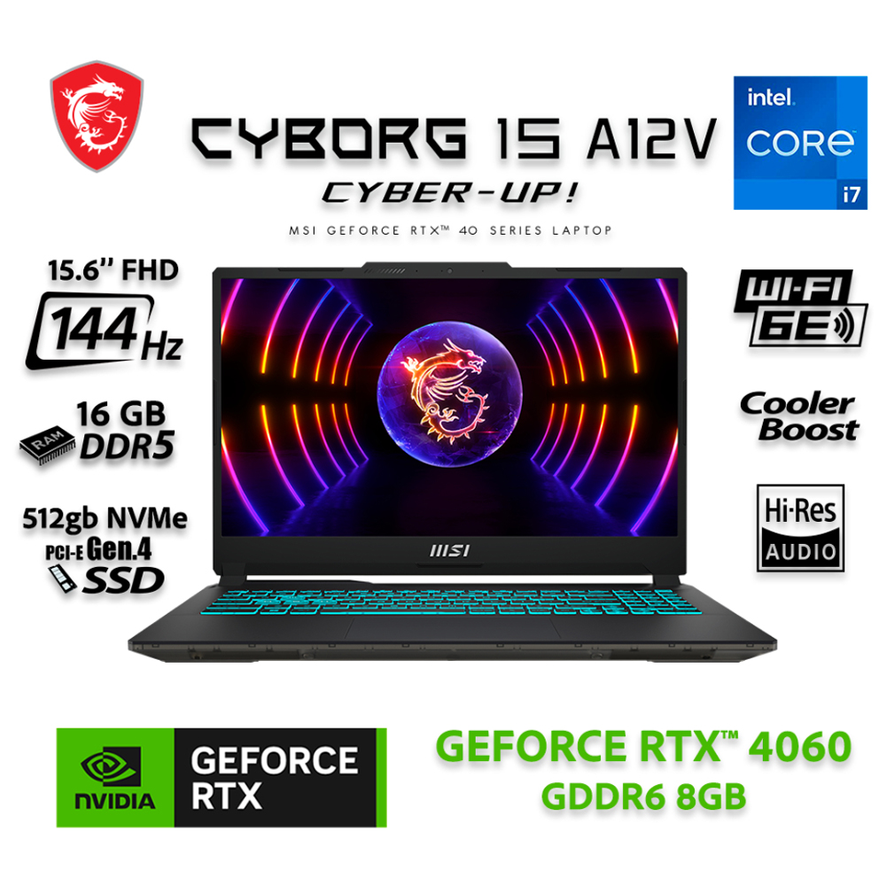 Laptop Gamer MSI Cyborg 15 A12Vf de 15.6", Intel Core i7-12650H (12va Gen), 10 núcleos, NVIDIA GeForce RTX4060, 16GB RAM, disco sólido de 512GB