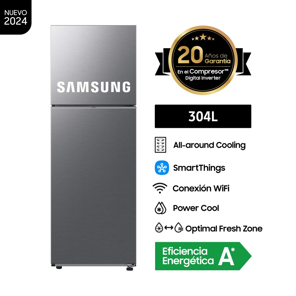 Refrigeradora Samsung Top Mount Freezer 304L Silver S/Disp.
