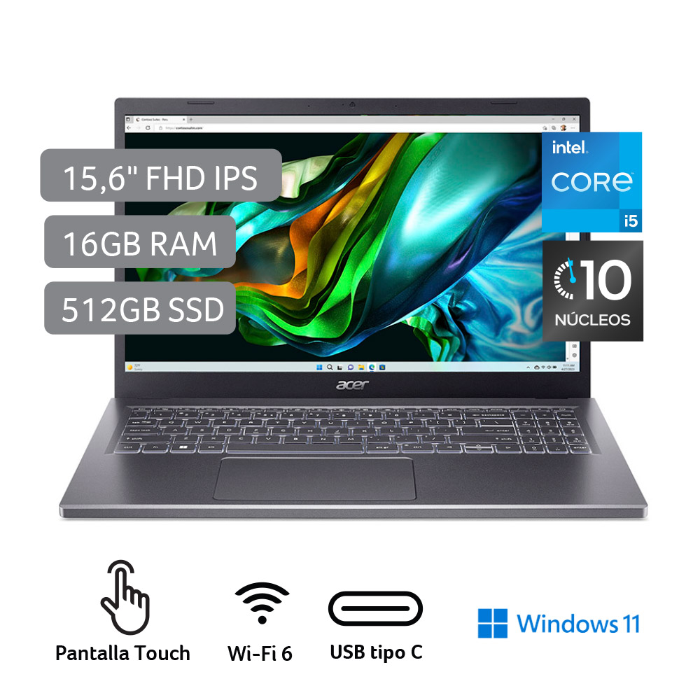 Laptop Acer Aspire 5 de 15.6", modelo A515-58MT-51F9, Intel Core i5 1335U (13va Gen), 10 núcleos, 16GB RAM, disco sólido de 512GB