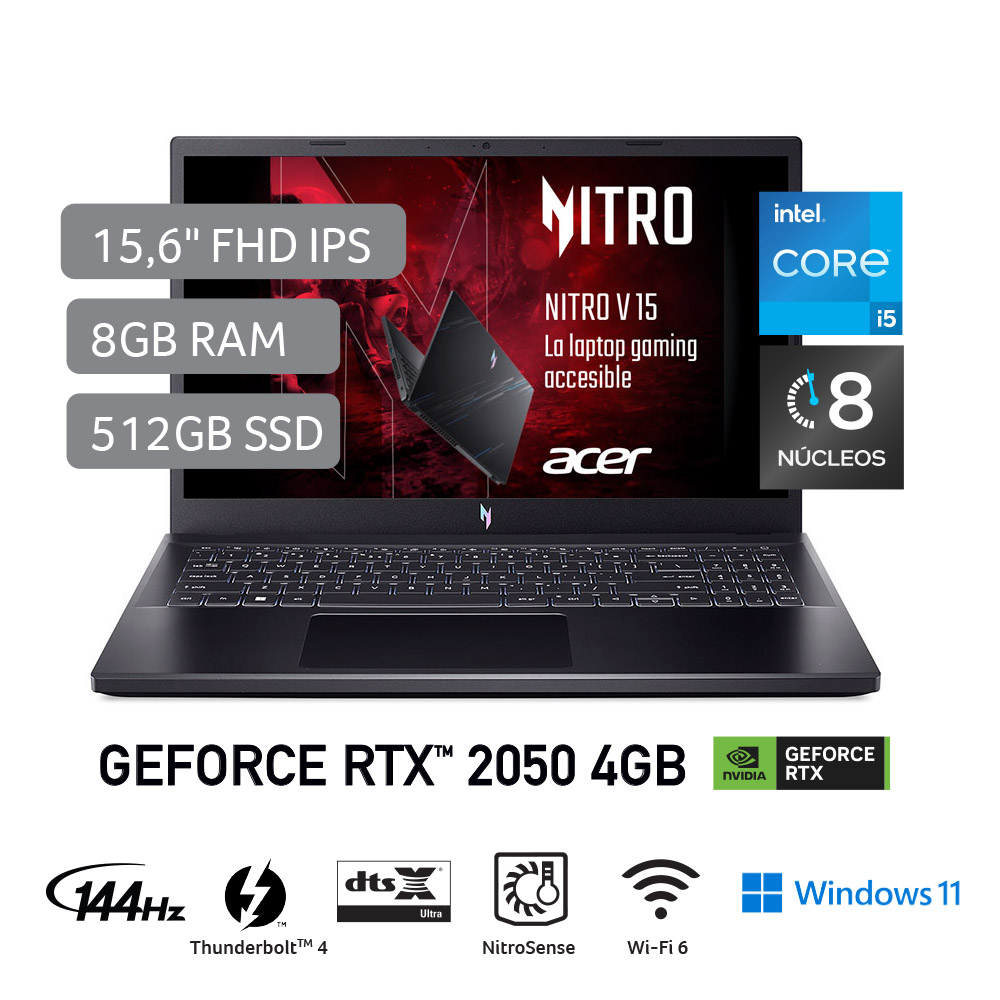 Laptop Gamer Acer Nitro V 15 de 15.6", modelo ANV15-51-518Q, Intel Core i5 13420H (13va Gen), 8 núcleos, NVIDIA GeForce RTX 2050, 8GB RAM, disco sólido de 512GB