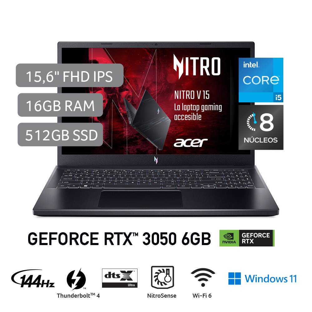 Laptop Gamer Acer Nitro V 15 de 15.6", modelo ANV15-51-526M, Intel Core i5 13420H (13va Gen), 8 núcleos, NVIDIA GeForce RTX 3050, 16GB RAM, disco sólido de 512GB