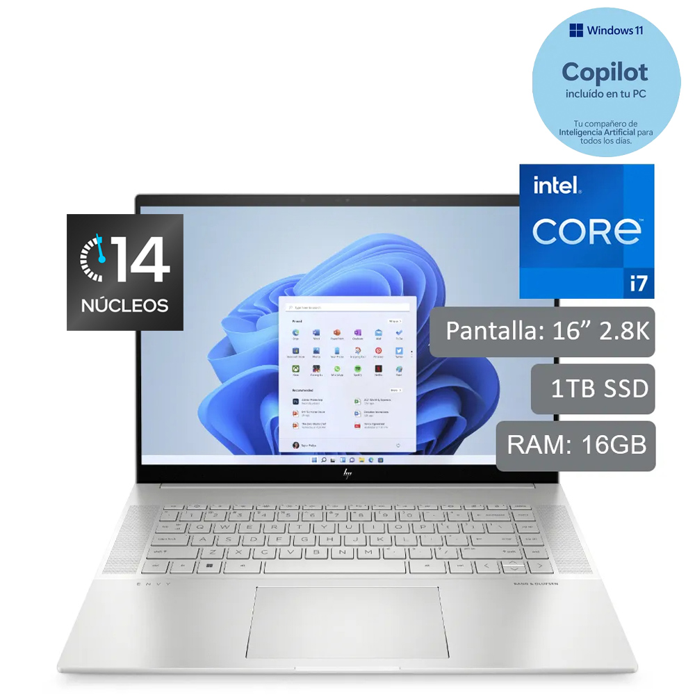 Laptop HP Envy de 16", modelo 16-h1000la, Intel Core i7-13700H (13va Gen), 14 núcleos, NVIDIA GeForce RTX 4060, 16GB RAM, disco sólido de 1TB