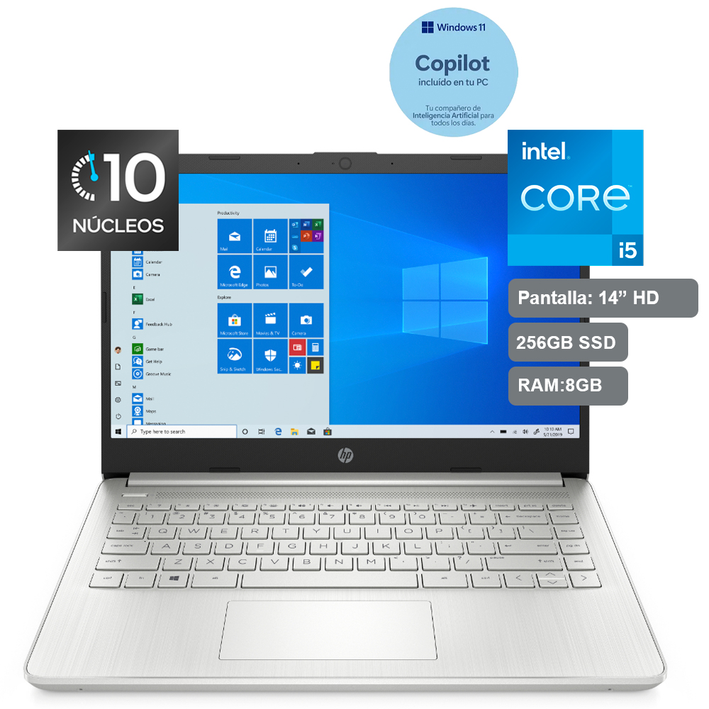 Laptop HP de 14", modelo 14-dq5014la, Intel Core i5-1235U (12va Gen), 10 núcleos, 8GB RAM, disco sólido de 256GB