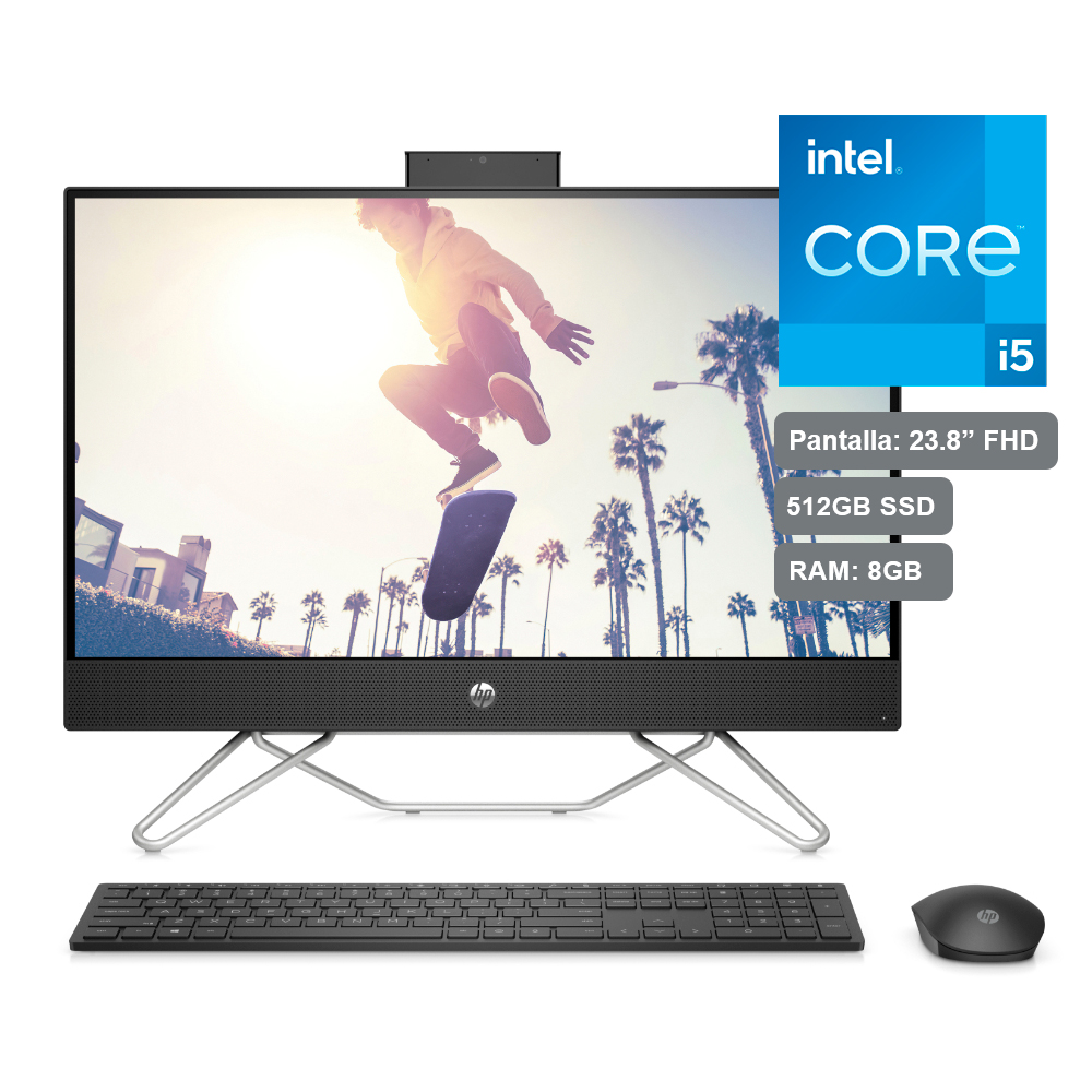 All In One HP de 23.8" Full HD, modelo 24-cb1021la, procesador Intel Core i5-1235U (12va generación), 8GB RAM, disco solido de 512GB, cámara web FHD 1080p,  Bluetooth v5, USB, WiFi, Windows 11