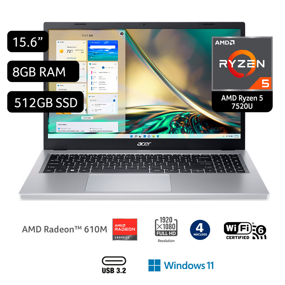 Laptop Acer Aspire 3 de 15.6", modelo A315-24P-R82F, AMD Ryzen 5 7520U, 4 núcleos, 8GB RAM, 512GB de disco sólido