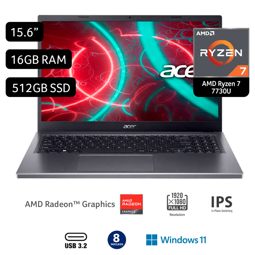 Laptop Acer Aspire 5 de 15.6", modelo A515-48M-R8HC, AMD Ryzen 7 7730U, 8 núcleos, 16GB RAM, 512GB de disco sólido