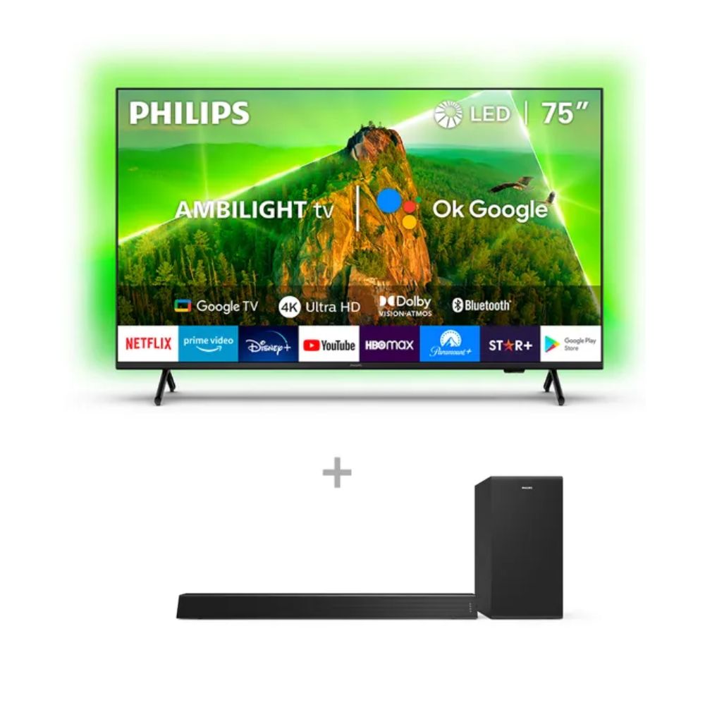 Televisor LED Philips 75” UHD 4K 75PUD7908 Ambilight TV + Soundbar Philips TAB7305/10