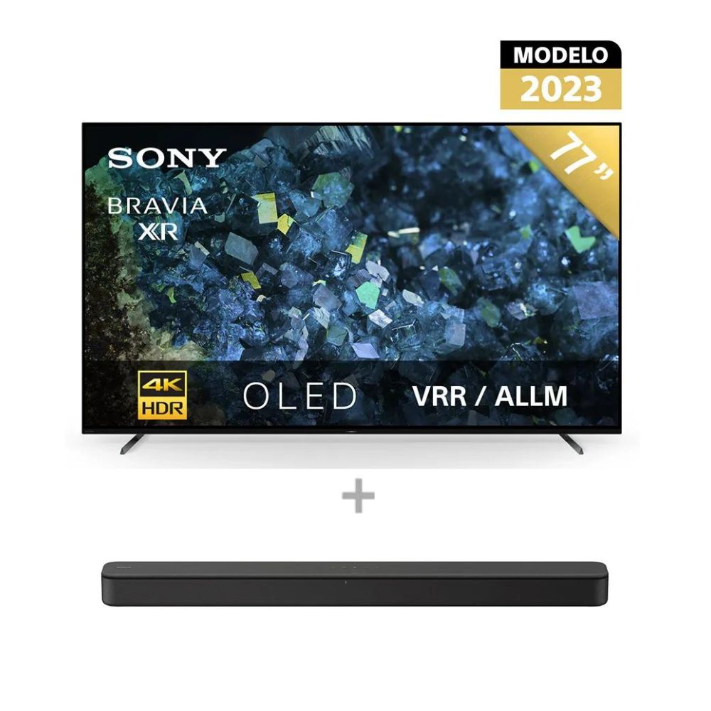 Televisor Sony OLED 4K UHD Google TV Smart 77" XR-77A80L LA8 + Soundbar de 2 canales Sony HT-S100F con Bluetooth