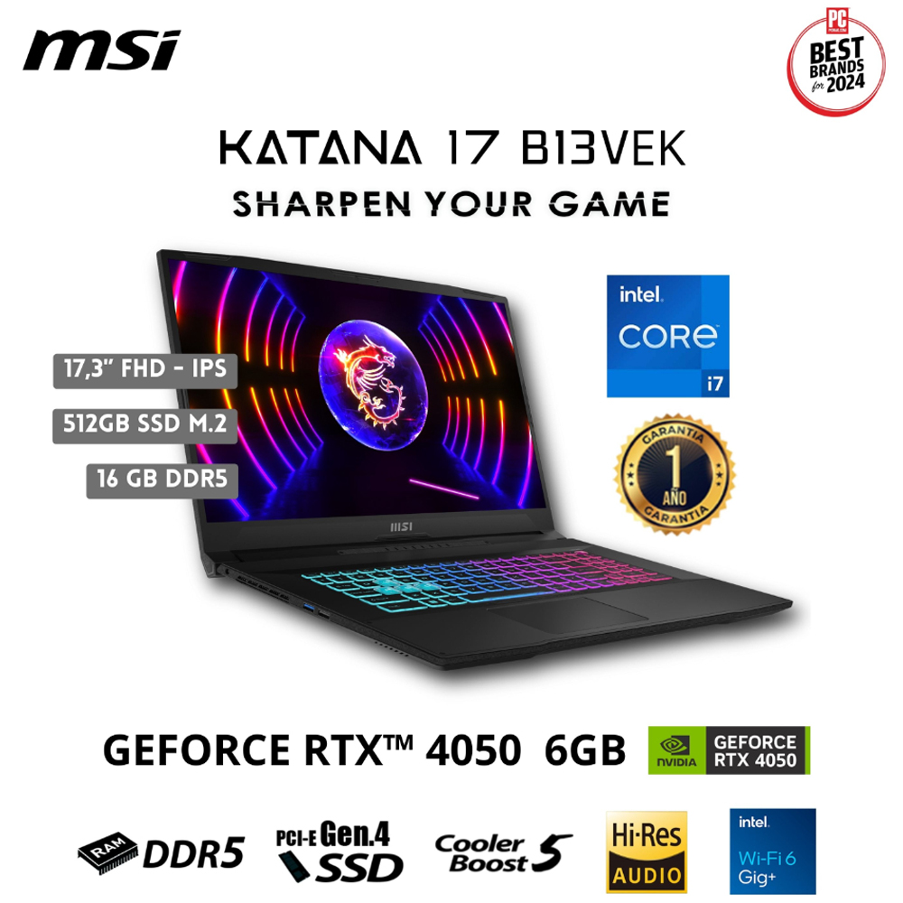 Laptop Gamer MSI Katana 17 de 17.3", modelo B13VEK, Intel Core i7-13620H (13va Gen), 10 núcleos, NVIDIA GeForce RTX 4050, 16GB RAM, 512GB de disco sólido