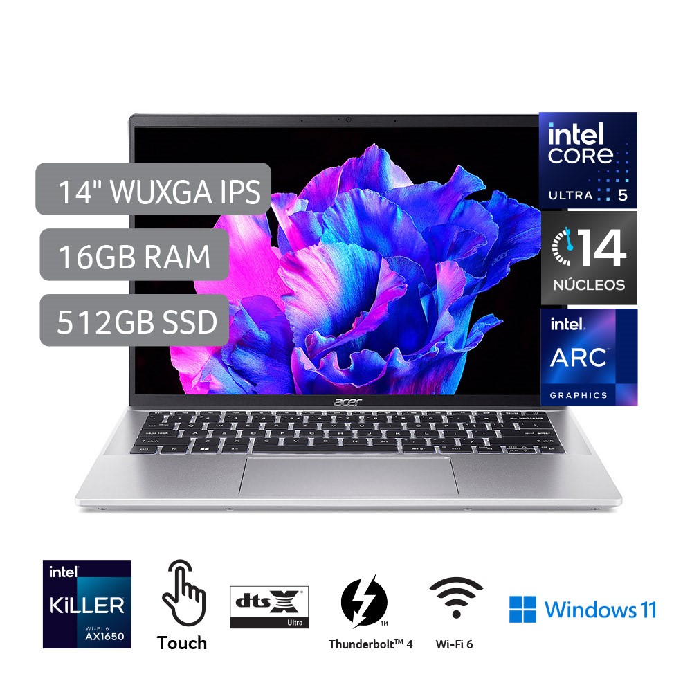 Laptop Acer Swift Go 14 de 14", modelo SFG14-72T-54KD, Intel Ultra 5 125H, 14 núcleos, 16GB RAM, disco sólido de 512GB